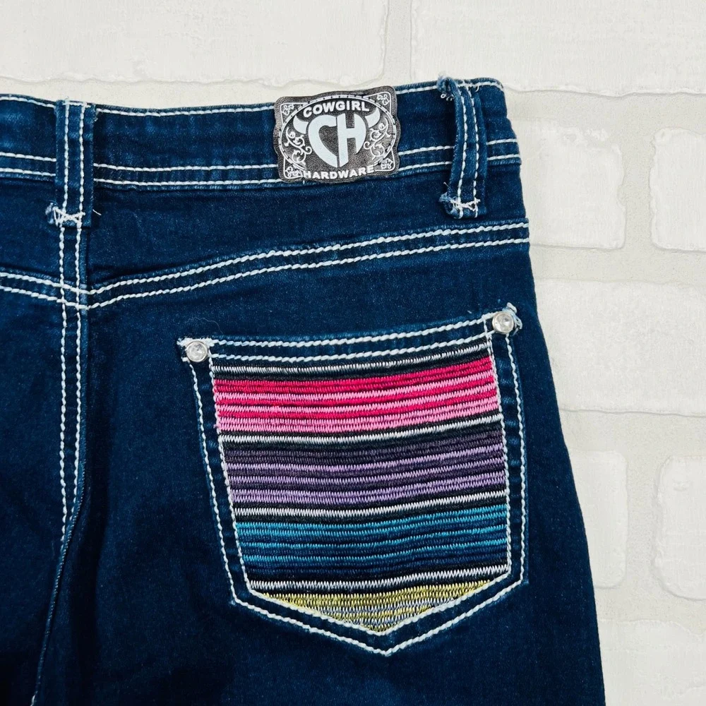 Dark Wash Girls' Flared Jeans with Pink Accent Stretch Denim